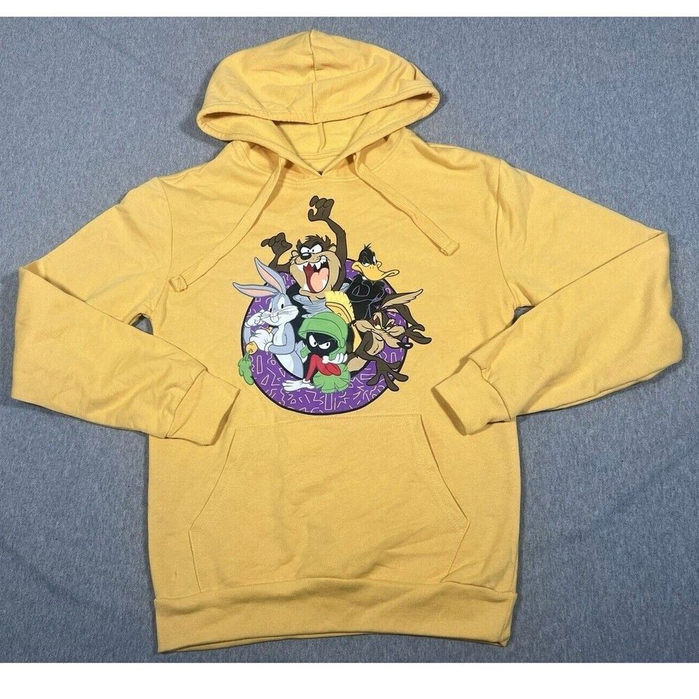Looney Tunes Hoodie Womens XS Taz Bugs Bunny Daffy Sweatshirt Yellow